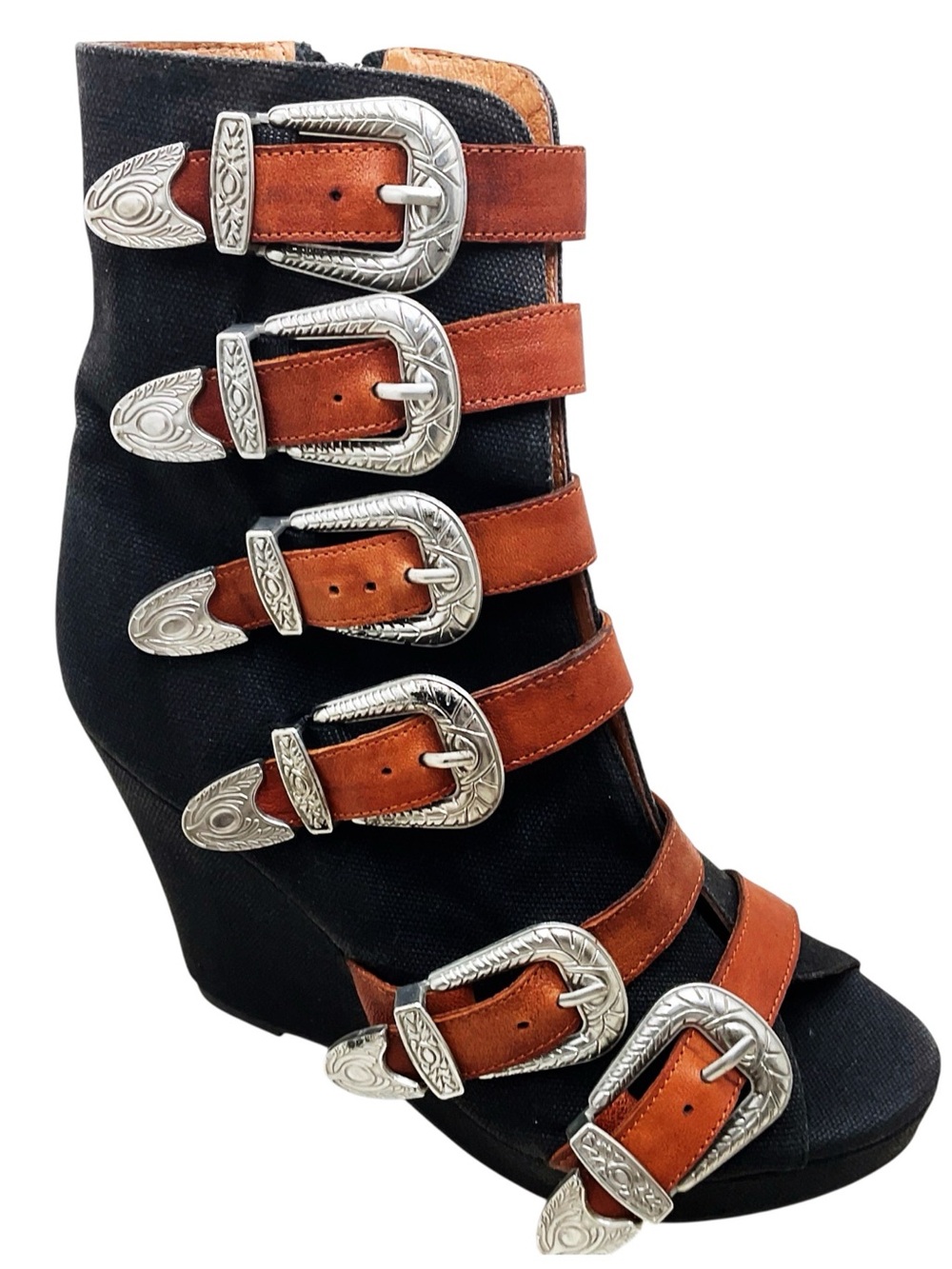 🆕{Jeffery Campbell} Genius Silver-Tone Western Buckle Wedges
